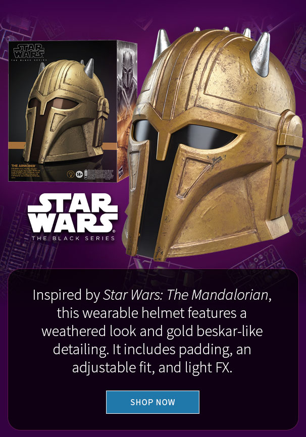 Inspired by Star Wars: The Mandalorian, this wearable helmet features a weathered look and gold beskar-like detailing. It includes padding, an adjustable fit, and light FX. 